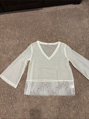 Sheer V-Neck Lace Hem Women's Top - White
